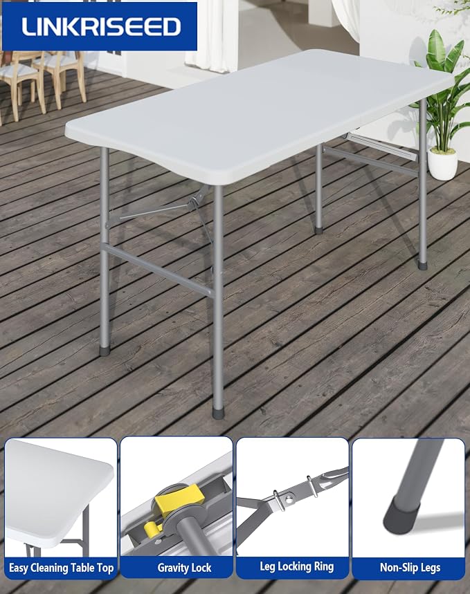 2 Pack 4FT White Folding Table for Outdoor, 4 Foot Picnic Tables No Assembly Required Portable, White Foldable Table for Camping, Parties, Meeting, Events, Wedding, with Carrying Handle