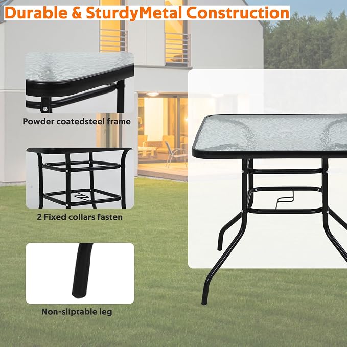 Square Outdoor Table with with Umbrella Hole, 32 Inch Tempered Glass All Weather Umbrella Table Outdoor Tables for Pool, Lawn, Balcony