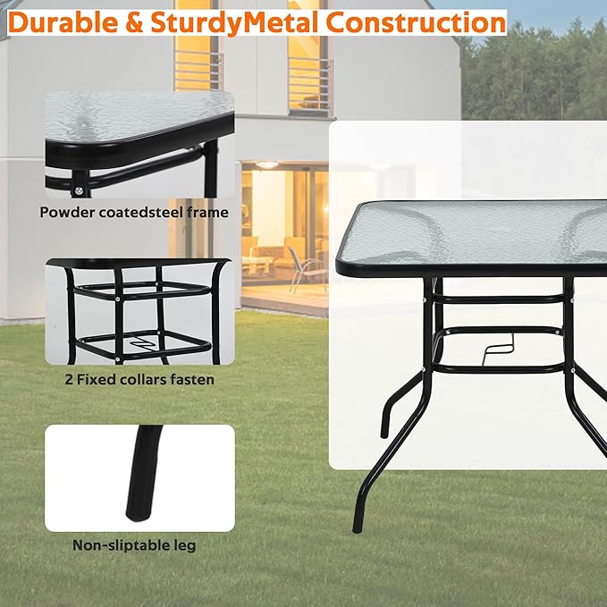 Outdoor Patio Table with Umbrella Hole, 32 Inch Patio Dining Table All Weather Square Patio Table, Glass Patio Tables for Outside, Balcony, Backyard, Poolside(Square)