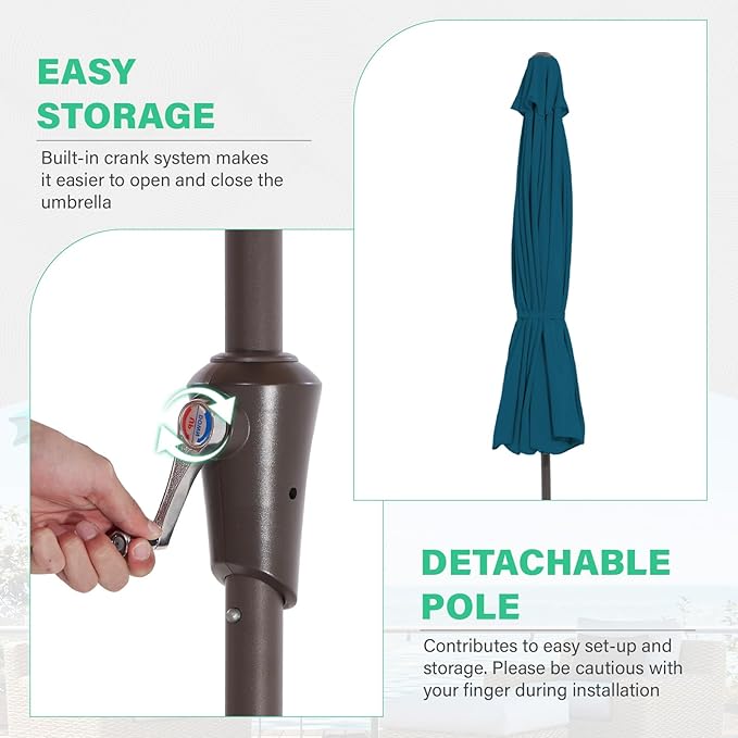 JEAREY 9 FT Patio Umbrella Outdoor, Table Umbrellas Market Umbrella w/Push Button Tilt/Crank, 8 Sturdy Ribs(Cerulean)