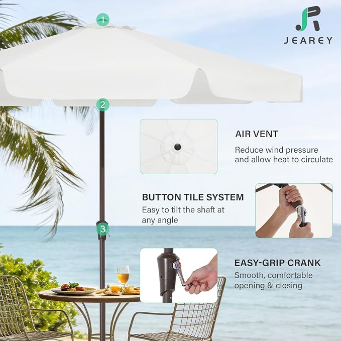 JEAREY 9 FT Patio Umbrella Outdoor, Table Umbrellas Market Umbrella w/Push Button Tilt/Crank, 8 Sturdy Ribs(Cream White)