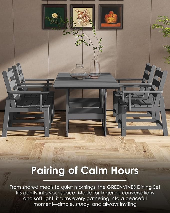 GREENVINES 7-Piece-Outdoor-Table-and-Chairs | HDPE | Patio Furniture | Dining Sets for 6 | Removable Armrests | All Weather | Connectable Tables | for Backyard Poolside Garden | Grey