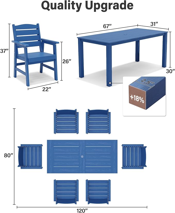 YEFU HIPS Patio Dining Sets: 7-Piece All-Weather Outdoor Table and Chairs with Umbrella Hole - Low-Maintenance Patio Dining Set for 6 Modern Furniture with Aluminum Frame for Family with Deck Blue
