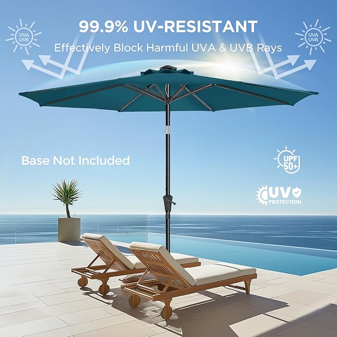 HOMSHADE 9ft Outdoor Patio Umbrella - Market Table Pool Deck Umbrella UPF50+ UV Protection with Push Button Tilt, Crank and 8 Sturdy Ribs (Peacock Blue, No base)