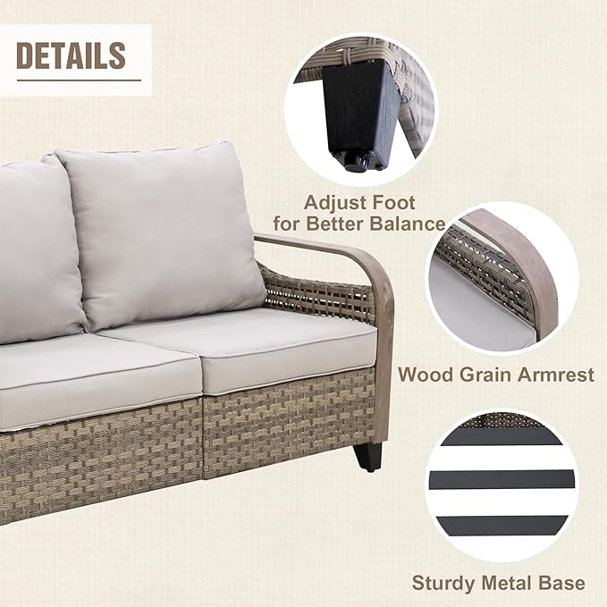 Modern Wicker Patio Furniture Set, Rattan Outdoor Conversation Set with Comfortable Cushions, 2 Patio Chairs, 2 Seat Loveseat, Coffee Table and Side Table, 5 Pieces, Brown/Gray