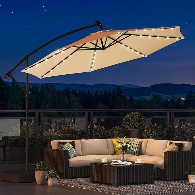 EROMMY 10FT 40-LED Solar Lighted Patio Umbrella with Base Included, Outdoor Offset Cantilever Umbrella, Infinite Tilt, Crank and Cross Base, UV Protection for Backyard, Lawn, Garden & Pool