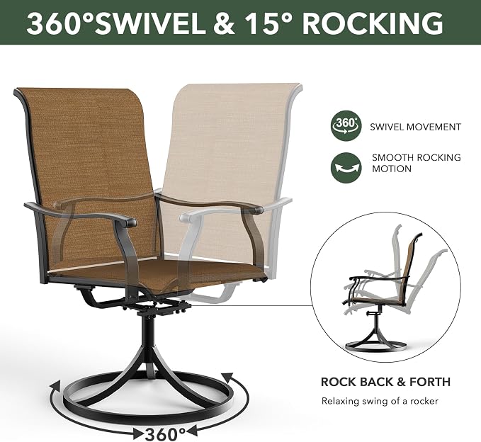 Patio Table and Swivel Chairs Set with Glass Table, BrownYellow Chairs Sty1 | 4 Piece Swivel Chairs: High Back, Retro Armrest, Textilene Fabric, Rocking; 40 inch Round Table: Glass Top; All Weather