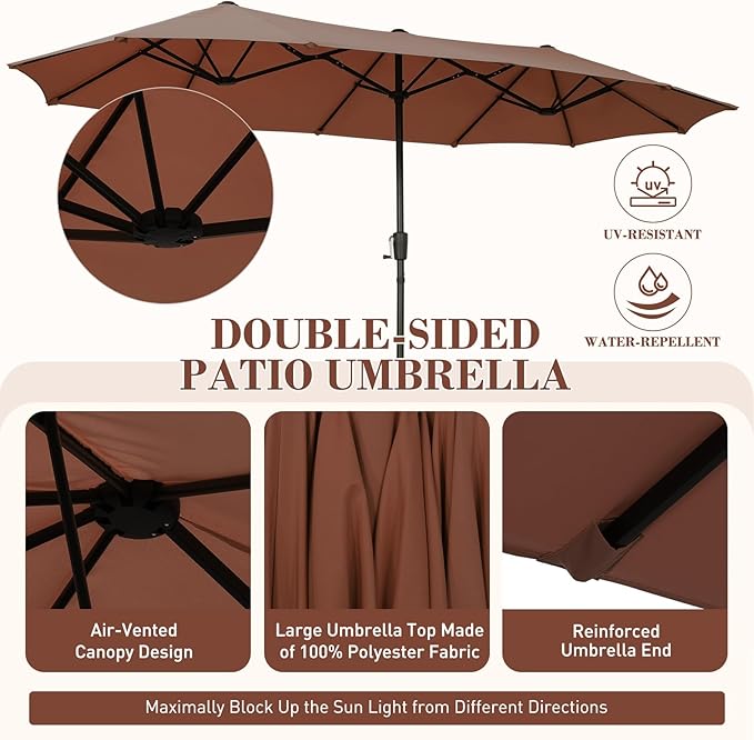 13 ft Patio Umbrella with Base, Large Rectangle Outdoor Umbrella with Matching Stand, Strap, Crank, Coffee