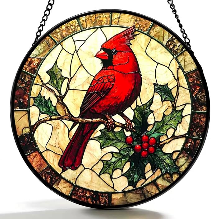 Stained Glass Window Hanging Ornament, The Red Bird Stopped on The Branch 6.3 Inches Suncatcher for Window Home Decor Bithday Christmas Monther's Day Gifts for Women Men and Mom