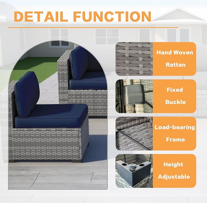 MOCHITO 7 Pieces Outdoor Patio Furniture Sets, All-Weather Sectional Sofa Grey PE Rattan Wicker Conversation Set with Glass Table and Washable Blue Cushions for Backyard,Sunroom,Garden,Porch