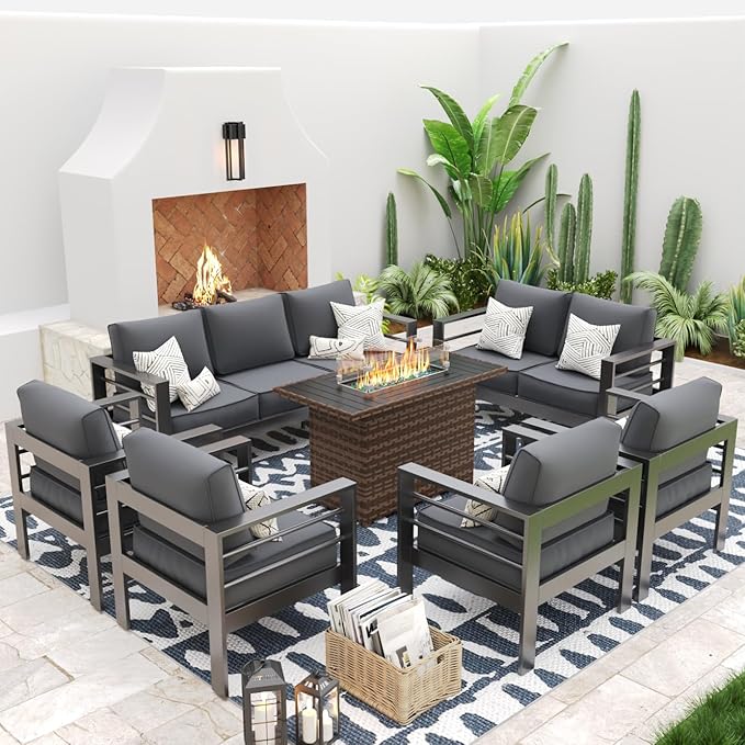 UDPATIO 10 Piece Aluminum Patio Furniture Set with Wicker Fire Pit Table,Mordern Outdoor Furniture Set with Water-Proof Cover Included, Dark Grey