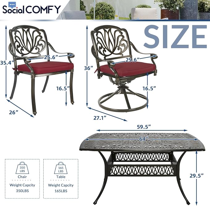 9-Piece Patio Cast Aluminum Dining Set, Outdoor Dining Furniture Set for 8 Person, Includes 64" Square Table, 6 Stationary and 2 Swivel Dining Chairs with Umbrella Hole, Red