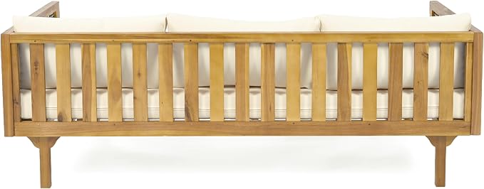 Merax Outdoor Acacia Wood Conversation Set - Patio 3-Seat Loveseat Sofa w/Coushion and Round Coffee Table for Backyard, Lawn, Balcony, Beige +Teak