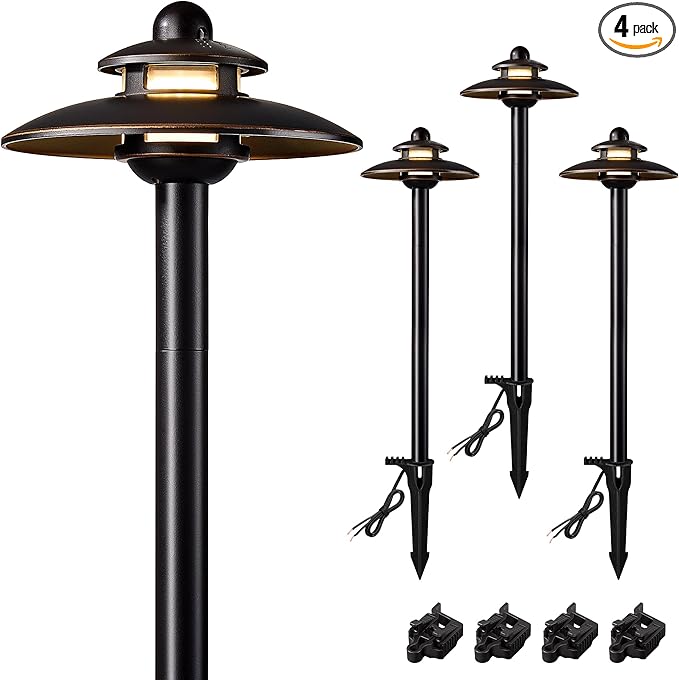 SURAIELEC 12V Low Voltage LED Landscape Path Lights, 3.8W 2-Tier Pagoda Pathway Light with Connectors, 3 Color Temperature Adjustable, Aluminum ORB Outdoor Walkway Garden Lights, ETL Listed, 4 Pack