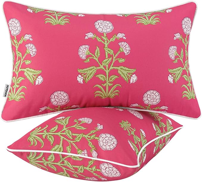 MIULEE Decorative Floral Outdoor Lumbar Pillow Covers with Inserts Set of 2 12x20,Waterproof Vintage Fade Resistant Patio Throw Pillows with Piping for Spring Summer Garden Couch Sofa,Hot Pink