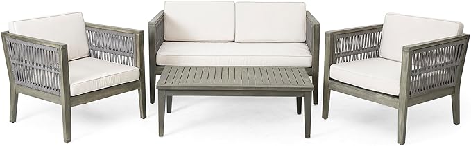 Christopher Knight Home Outdoor Acacia Wood Patio Set, 4-Pieces Patio Conversation Set, Outdoor Furniture with Coffee Table, Patio Deep Seating with Cushion, Porch Chairs for Garden, Grey+Beige