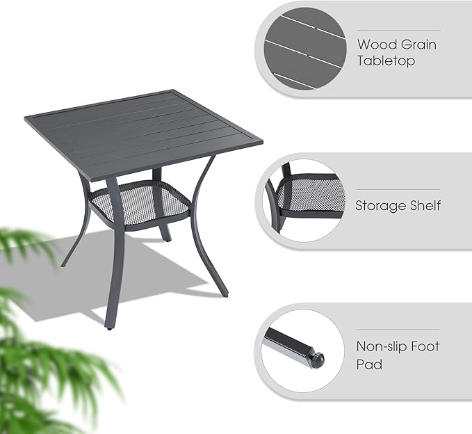 VICLLAX Outdoor Dining Set for 2, Small Patio Table and Chairs Set of Stackable Patio Sling Chairs and Square Dining Table for Front Porch, Dark Grey Fabric and Grey Table