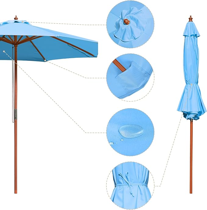 9 Ft Wooden Patio Umbrella 8 Ribs Table Parasol Rope Pulley Outdoor Garden Yard