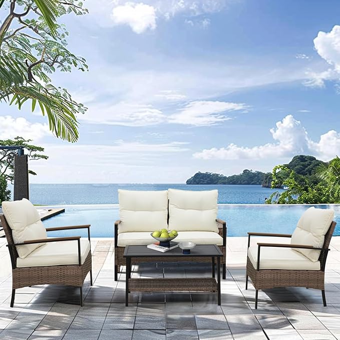 COOS BAY Sunset Haven Outdoor Patio Furniture Set, Outdoor Conversation Set, Rattan Wicker Sofa, Loveseat, 2 Patio Chairs and Coffee Table, Brown/Beige