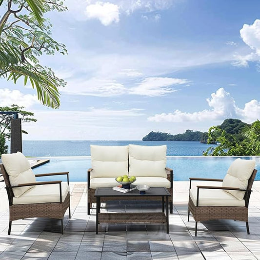 COOS BAY Sunset Haven Outdoor Patio Furniture Set, Outdoor Conversation Set, Rattan Wicker Sofa, Loveseat, 2 Patio Chairs and Coffee Table, Brown/Beige