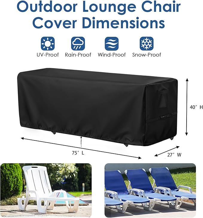 Outdoor Stacked Chaise Lounge Cover, Waterproof 4-6 Stackable Patio Lounge Chair Cover, Pool Lounge Chair Patio Furniture Covers- 75" L x 27" W x 40" H