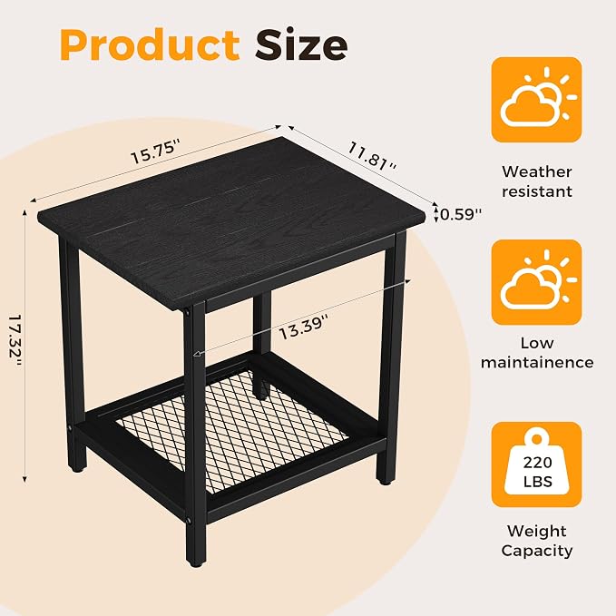 2-Tier Outdoor Side Table with Storage, Weather Resistant Patio End Table, HDPS Small Accent Table for Deck, Garden, Pool, Backyard, Black 2pcs