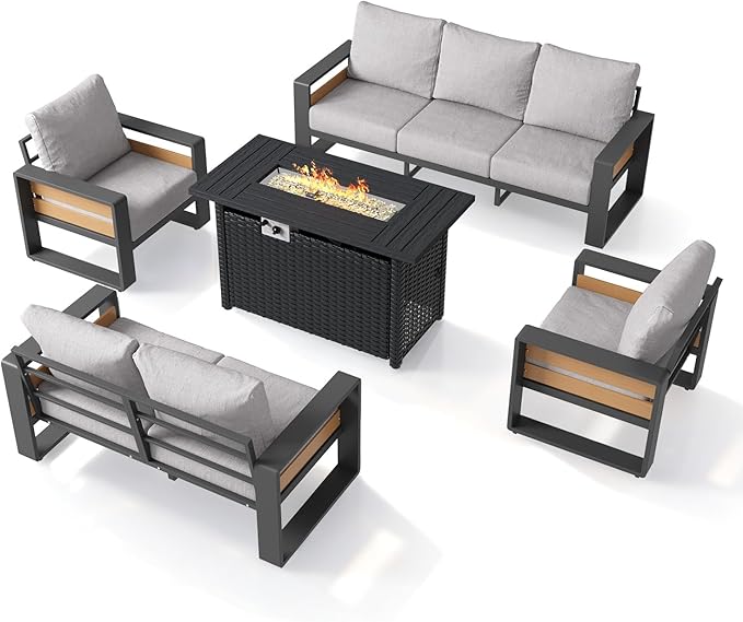 Aoxun Aluminum Patio Furniture Set with Fire Pit Table, 7 Seats Luxury Outdoor Sectional with 6" Olefin Fabric Cushions, Patio Conversation Sets with Waterproof Cover for Backyard, Porch Light Grey