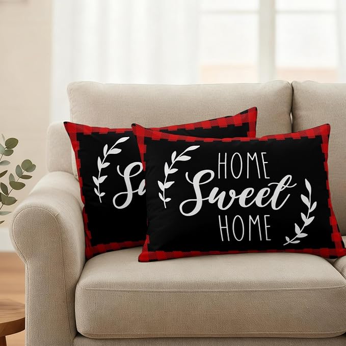 Home Sweet Home Waterproof Outdoor Pillow Covers Set of 2 Home Decor, Leaves Red Buffalo Plaid Lumbar Pillowcase Patio Pillow Covers for Couch Bench Patio Furniture Garden 20x12in