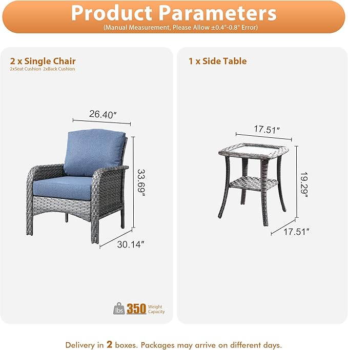 3 PCS Outdoor Patio Furniture Set with Side Table, All-Weather Rattan Wicker Outdoor Conversation Set with Thickened Cushions for Balcony Backyard Garden Lawn,Blue
