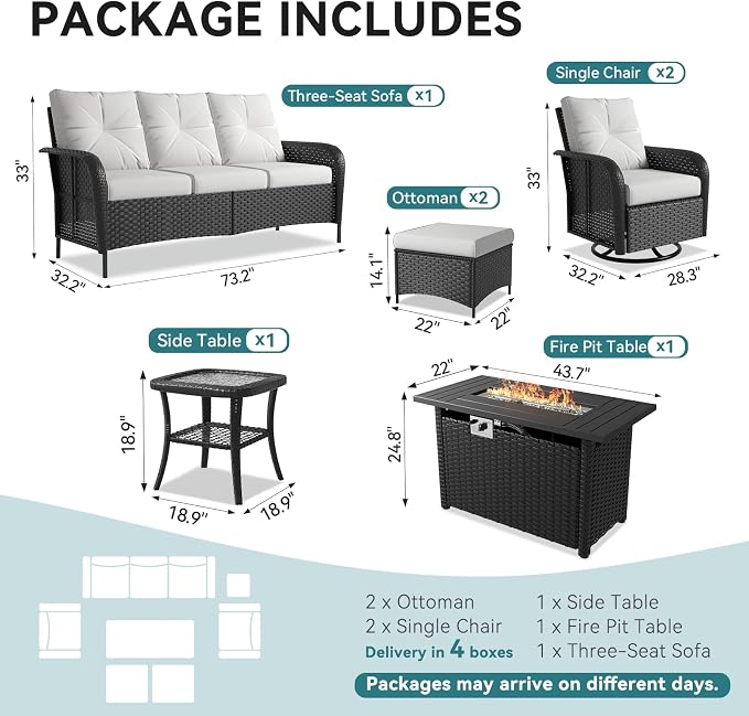 LazySunsets 9 Piece Outdoor Patio Furniture Set with 44'' Fire Pit Table, Outdoor Patio Furniture Set with High Back Swivel Rocker Chairs, Outdoor Conversation Set with Thick Cushions & Ottoman, Beige