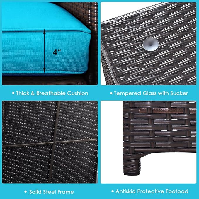 Tangkula 6 Pieces Patio Wicker Furniture Set with 32 Inches Propane Fire Pit Table and Tank Holder, Outdoor Conversation Set with Storage Box and Coffee Table, 2 Waterproof Covers Included (Turquoise)