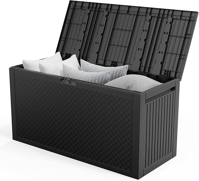 90 Gallon Large Outdoor Storage Box, Black Maze-Pattern Resin Deck Box with Wheels & Side Handles, Lockable Waterproof UV-Resistant Patio Storage Container for Tools, Cushions, Toys, Garden Accessorie