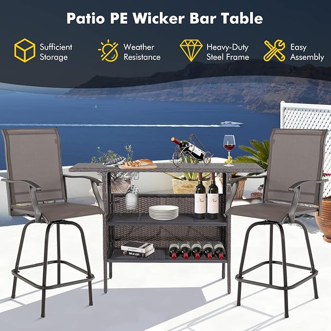 FANTASK Outdoor Wicker Bar, Paito Bar Table w/2 Storage Shelves, 2 Sets of Rails and Condole Cup Holders, Rattan Bar Counter Table for Backyard, Poolside, Garden