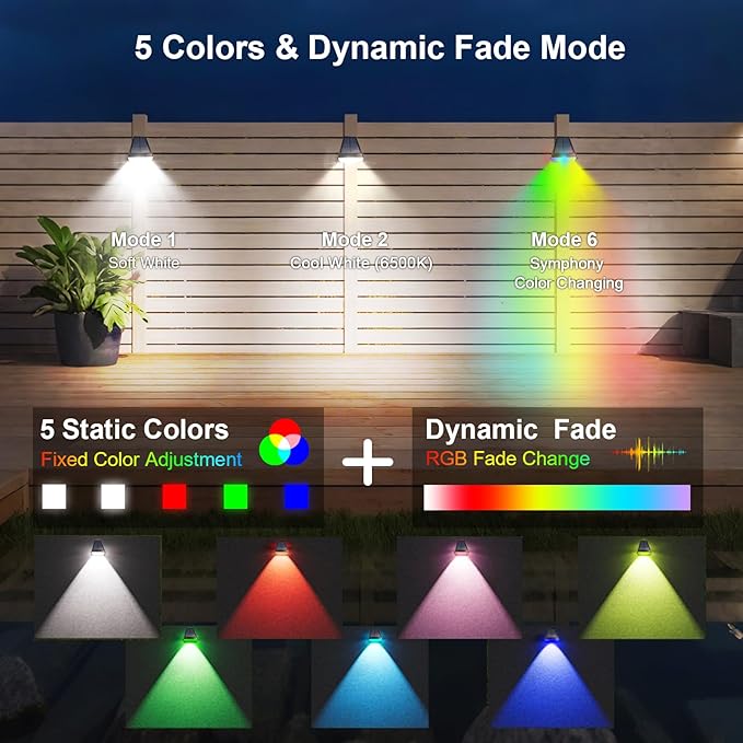 Solar Lights Outdoor Waterproof, 6-Mode RGBW Color Changing, 90° Adjustable, Auto On/Off, Father's Day Mother's Day 4th of July Decor for Fence, Patio, Garden, Yard, Pathway, Porch (2-Pack)