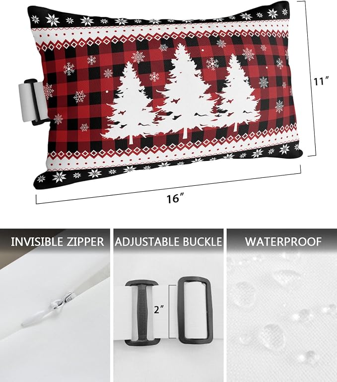 Outdoor Pillows Covers with Inserts Christmas Tree Snowflake Red Black Buffalo Plaid Waterproof Pillow with Adjustable Strap Throw Pillows for Patio Furniture Recliner Lounge Chair, 11x16 inch, 1PCS