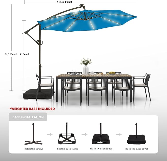 wikiwiki 10FT Solar Patio Offset Umbrella Outdoor Cantilever Umbrella Hanging Umbrellas with Weighted Base, Market Patio Umbrella for Backyard, Garden & Deck,Royal blue