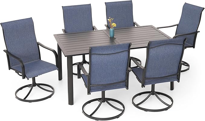 Anmutig 7-Piece Outdoor Dining Set, 6 Swivel Chairs & 63'' Rectangular Dining Table with All Weather Frame Furniture Set - Navy Style2