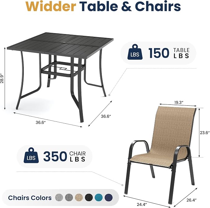 Amopatio 5 Pieces Outdoor Dining Set for 4, Patio Table and Chairs, 4 All Weather Stackable Patio Chairs, 36" Patio Spliced Square Table with Umbrella Hole, for Deck, Backyard, Garden,Brown