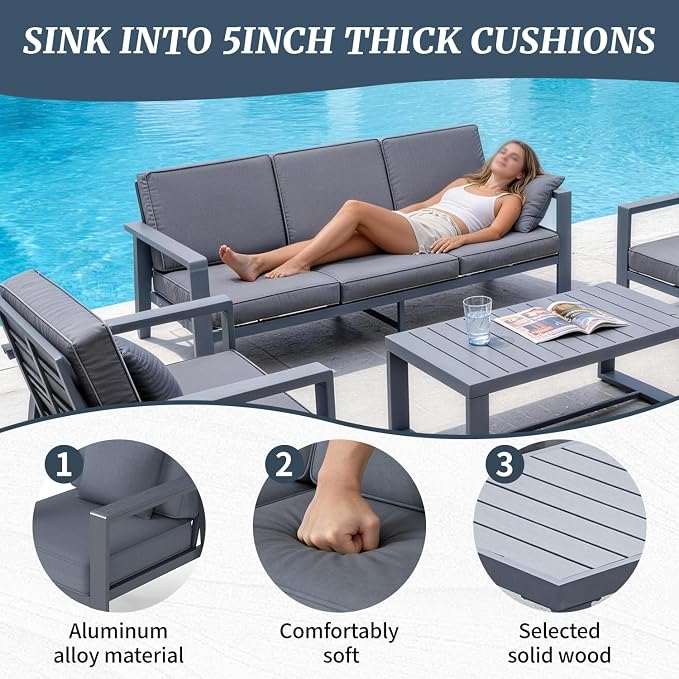 Modern All Weather Aluminum Patio Conversation Set,4 Pieces Oversized Metal Sectional Sofa Couch with Cushions and Coffee Table,Outdoor Furniture for Backyard,Porch,Garden, Balcony,Deck Grey