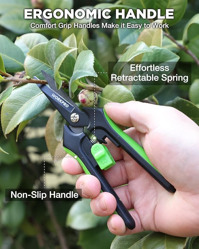 WORKPRO 6-Inch Garden Pruning Shears, Sharp High-Carbon Steel Harvest Snips with Nonstick Teflon Coating, Spring-Loaded Gardening Scissors with Safety Lock, for Flower, Fruit & Vegetable Picking
