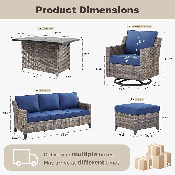 Belord Patio Wicker Swivel Rocker Patio Chairs with 3-Seater Sofa and 42.5" Fire Pit Table, Outdoor Furniture Set for Deck Porch Garden, 5 Piece Patio Conversation Furniture Set,Blue