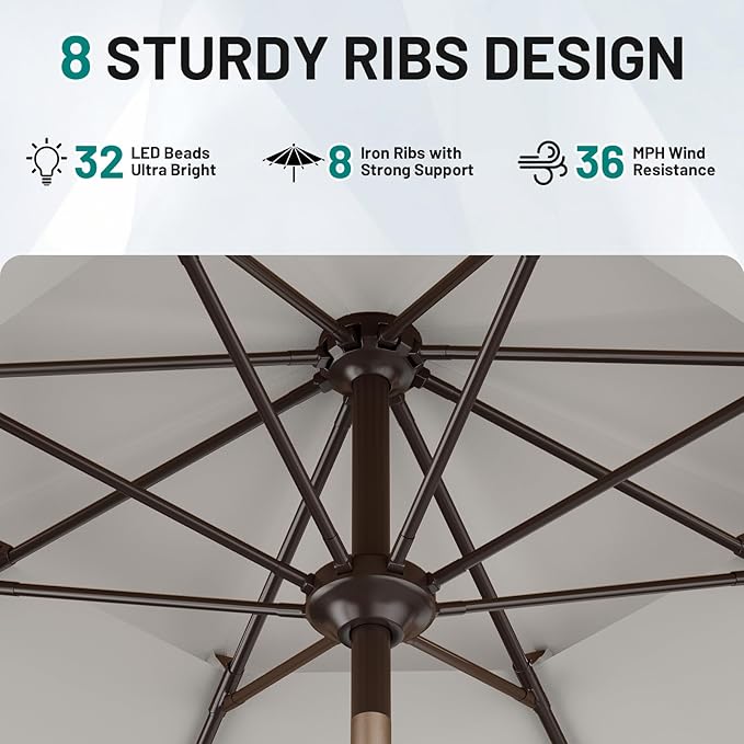 AreShark 9ft 2 Tiers Patio Umbrella with Solar Lights, Outdoor Umbrella w/ 32 LED Lights&8 Sturdy Ribs, Table Umbrella for Deck, Backyard, Pool(Light Gray)