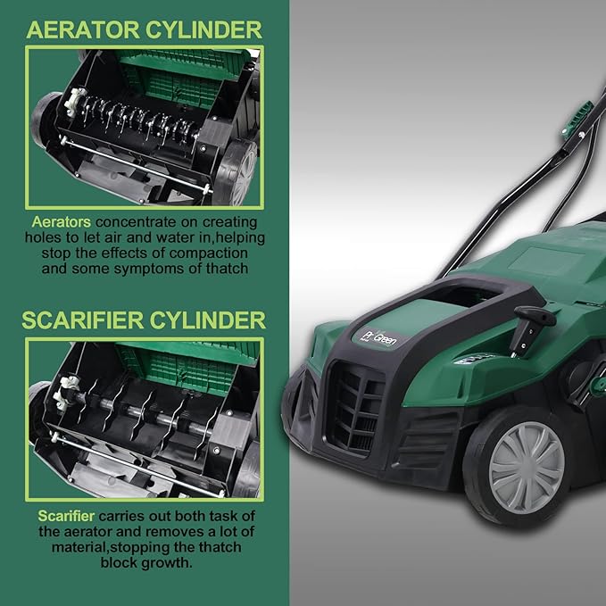 Garden Scarifier, 2-in-1 16INCH Dethatcher Scarifier,15 Amp Electric Lawn Dethatcher,Removable Collection Bag Extra Large 58QT