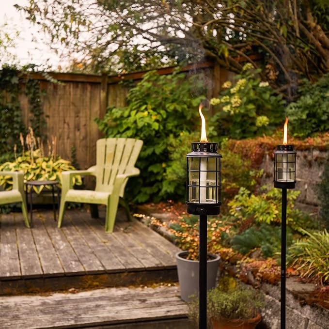 TIKI Outdoor Glass Lantern Torch – Weather-Resistant Decorative Torch for Patio, Garden & Backyard with 4-Piece Adjustable Height Pole, Fiberglass Wick & Snuffer, Black