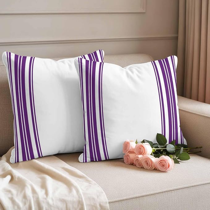 Outdoor Waterproof Throw Pillow Covers Set of 2 Purple Stripes Pillowcases 18x18 Inches White Vertical Striped Decorative Pillows Cushion Case Patio Pillows for Couch Bed Chair Garden