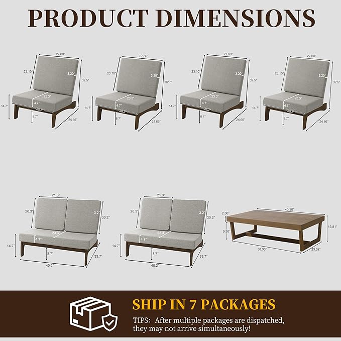 UIXE 7 Pieces All Weather Wood Patio Furniture Sets, 2 Patio Loveseat, 4 Patio Bistro Chair, Outdoor Sectional Sofa Furniture Backyard Conversation Set with Coffee Table - Light Camel