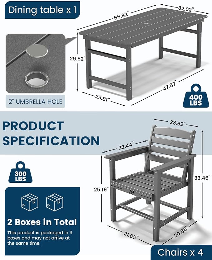 FOOWIN Outdoor Table and Chairs Set 5-Piece HDPE All Weather Patio Dining Set with Umbrella Hole,Outdoor Patio Furniture Dining Set for 4,Patio Kitchen Table Set for Garden,Backyard,Poolside Grey