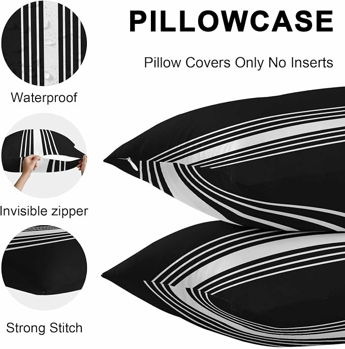 Black White Stripe Outdoor Pillow Covers 24x24 Inch Throw Pillow Covers Set of 2 Waterproof Decorative Pillow Cases Modern Rustic Vertical Striped Cushion Covers for Patio Furniture Garden Couch Sofa