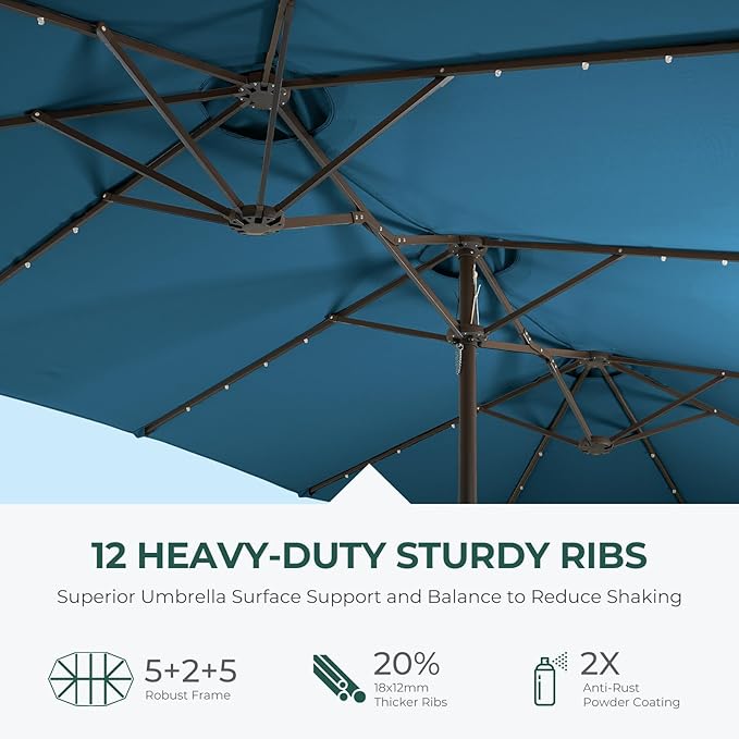 HOMSHADE Double Sided Patio Umbrellas - 15ft Solar Lights LED Lighted Outdoor Extra Large Market Table Umbrella with Base Included, Oversized Umbrella for Deck, Pool, Backyard