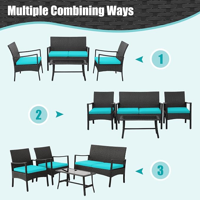 Tangkula 8 Pieces Rattan Conversation Set, Patio Sofa Couch Set with Tempered Glass Coffee Table, Seat Cushions, Outdoor Wicker Loveseat Set for Poolside, Courtyard, Balcony (2, Turquoise)